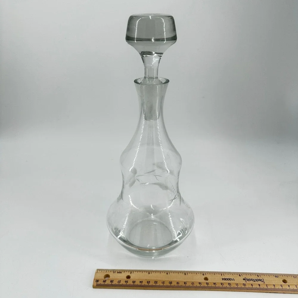 Vintage Etched Glass Decanter with Stopper Grapevine Leaf Pattern Clear 12.5